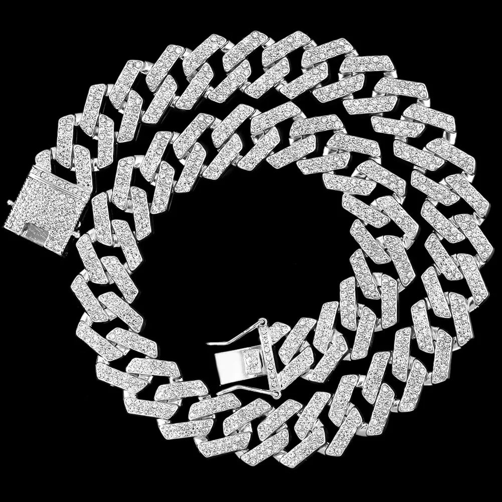 Hip Hop Men Iced Out Chain Prong Rhombus Cuban Link Necklace 14/20MM Width Gold Silver Color Thick Cuban Chain Necklace Jewelry