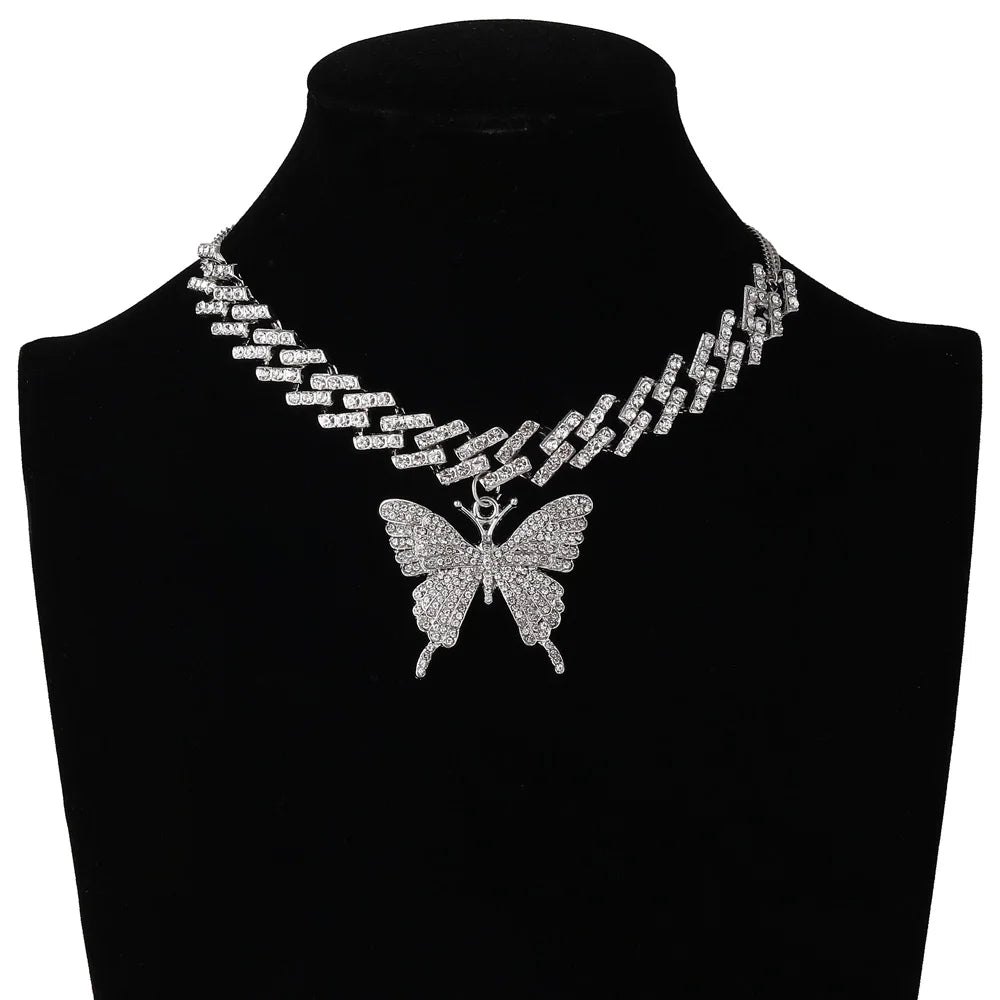 Big Butterfly Necklace for Women Cuban Link Chain Rhinestone Choker Statement Necklace Luxury Y2K Jewelry