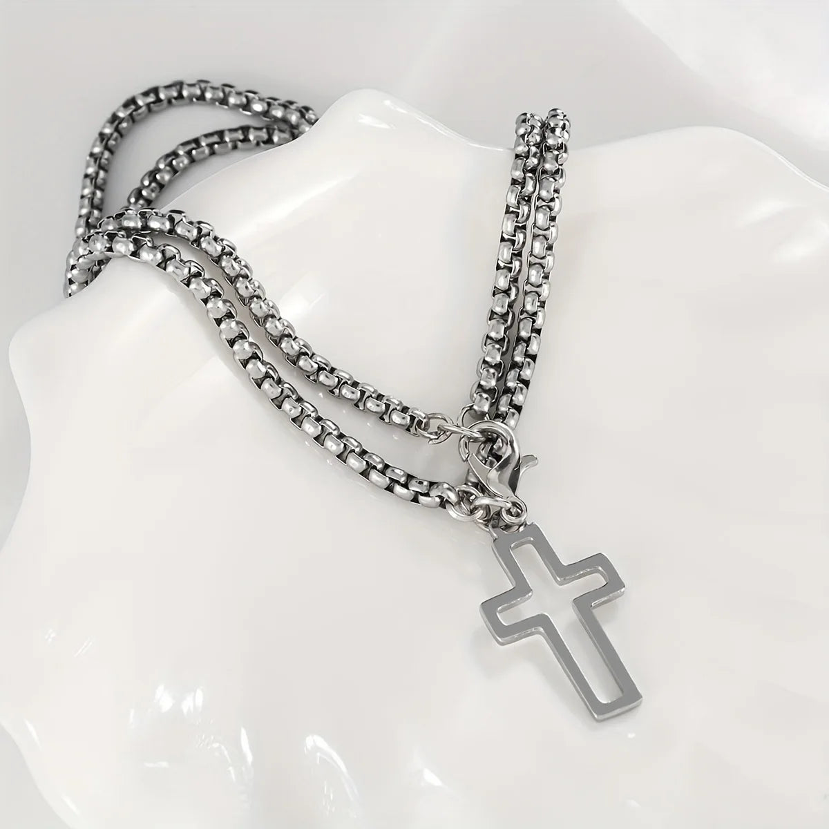 Men'S Fashion Double Chain Cross Hollow Wrist Bracelet Lobster Claw Buckle Stainless Steel Bracelet Hip Hop Punk Party Jewelry