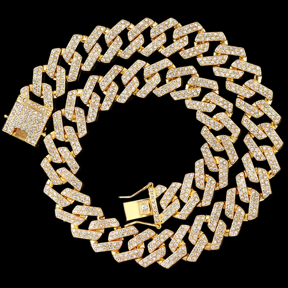Hip Hop Men Iced Out Chain Prong Rhombus Cuban Link Necklace 14/20MM Width Gold Silver Color Thick Cuban Chain Necklace Jewelry