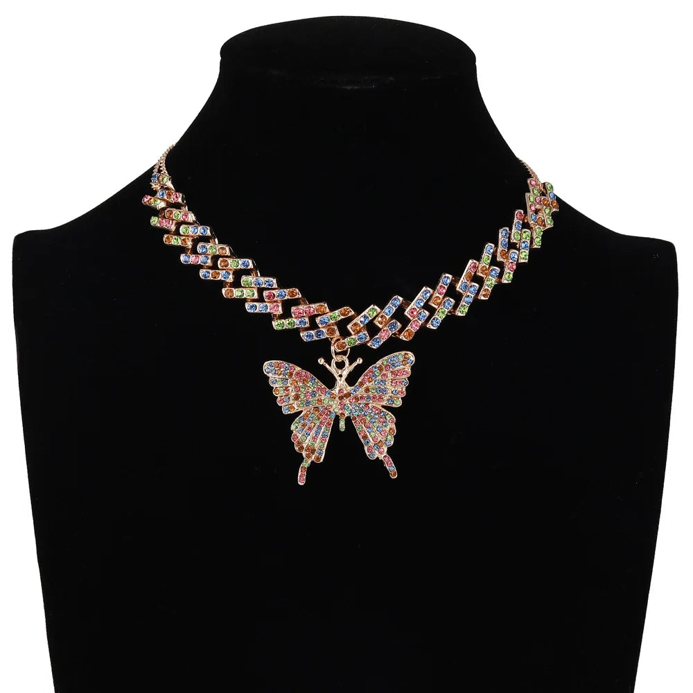 Big Butterfly Necklace for Women Cuban Link Chain Rhinestone Choker Statement Necklace Luxury Y2K Jewelry