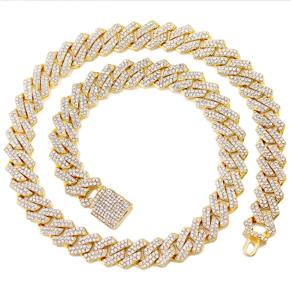 Hip Hop Men Iced Out Chain Prong Rhombus Cuban Link Necklace 14/20MM Width Gold Silver Color Thick Cuban Chain Necklace Jewelry