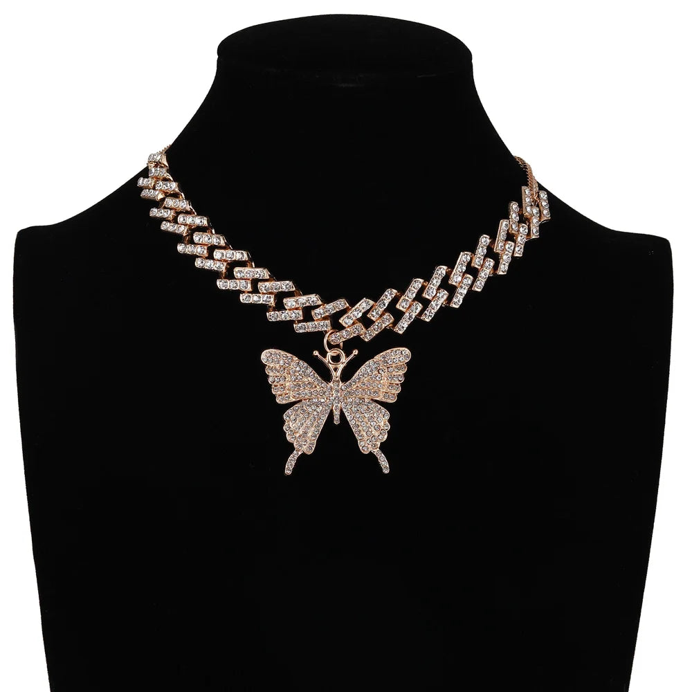 Big Butterfly Necklace for Women Cuban Link Chain Rhinestone Choker Statement Necklace Luxury Y2K Jewelry