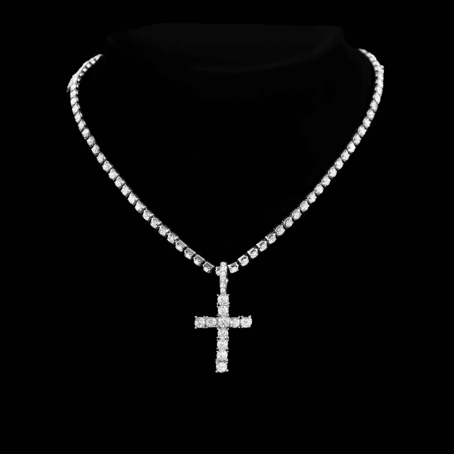 2Pcs Punk Crystal Cross Ankh Tennis Chain Iced Out Prong Cuban Link Chain Necklace for Men Women Rapper Necklaces Hiphop Jewelry