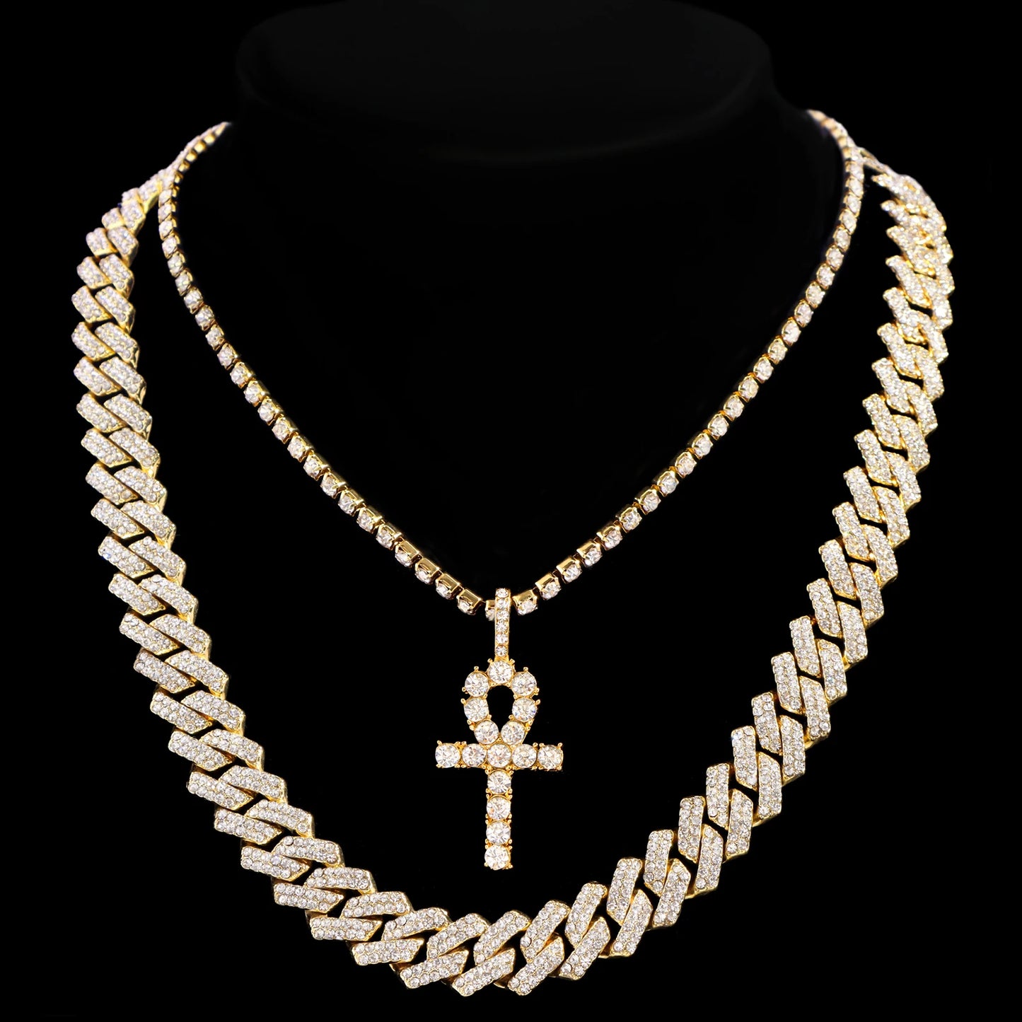 2Pcs Punk Crystal Cross Ankh Tennis Chain Iced Out Prong Cuban Link Chain Necklace for Men Women Rapper Necklaces Hiphop Jewelry
