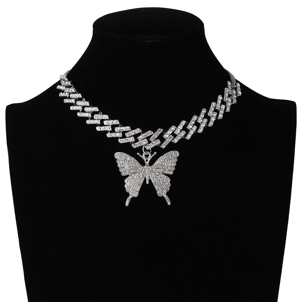 Big Butterfly Necklace for Women Cuban Link Chain Rhinestone Choker Statement Necklace Luxury Y2K Jewelry