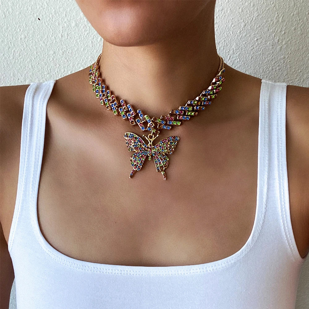 Big Butterfly Necklace for Women Cuban Link Chain Rhinestone Choker Statement Necklace Luxury Y2K Jewelry