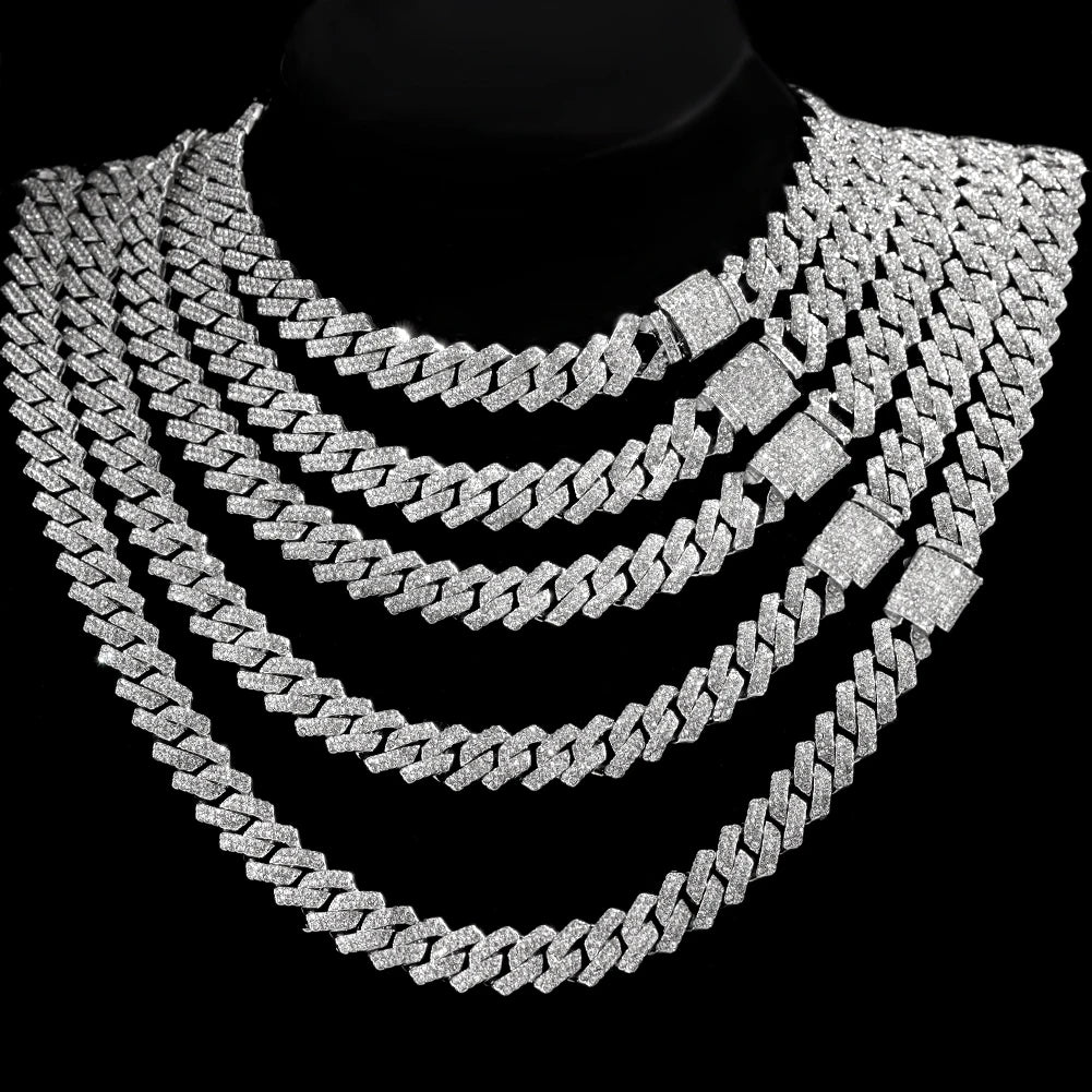 Hip Hop Men Iced Out Chain Prong Rhombus Cuban Link Necklace 14/20MM Width Gold Silver Color Thick Cuban Chain Necklace Jewelry