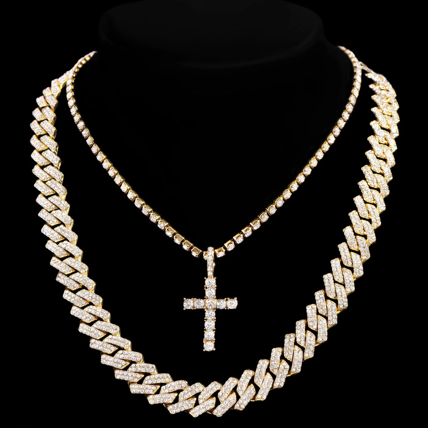 2Pcs Punk Crystal Cross Ankh Tennis Chain Iced Out Prong Cuban Link Chain Necklace for Men Women Rapper Necklaces Hiphop Jewelry