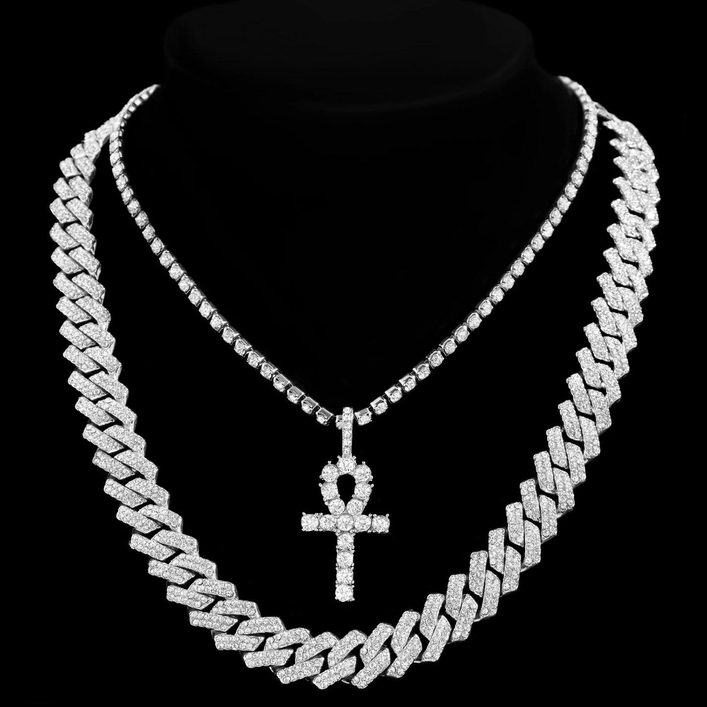 2Pcs Punk Crystal Cross Ankh Tennis Chain Iced Out Prong Cuban Link Chain Necklace for Men Women Rapper Necklaces Hiphop Jewelry
