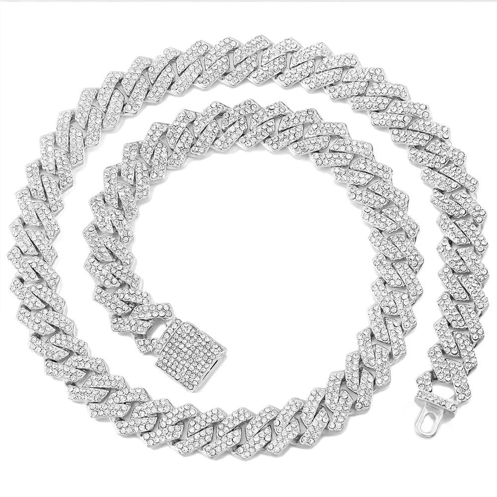 Hip Hop Men Iced Out Chain Prong Rhombus Cuban Link Necklace 14/20MM Width Gold Silver Color Thick Cuban Chain Necklace Jewelry