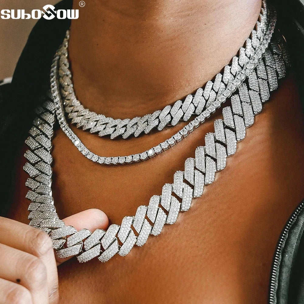 Hip Hop Men Iced Out Chain Prong Rhombus Cuban Link Necklace 14/20MM Width Gold Silver Color Thick Cuban Chain Necklace Jewelry