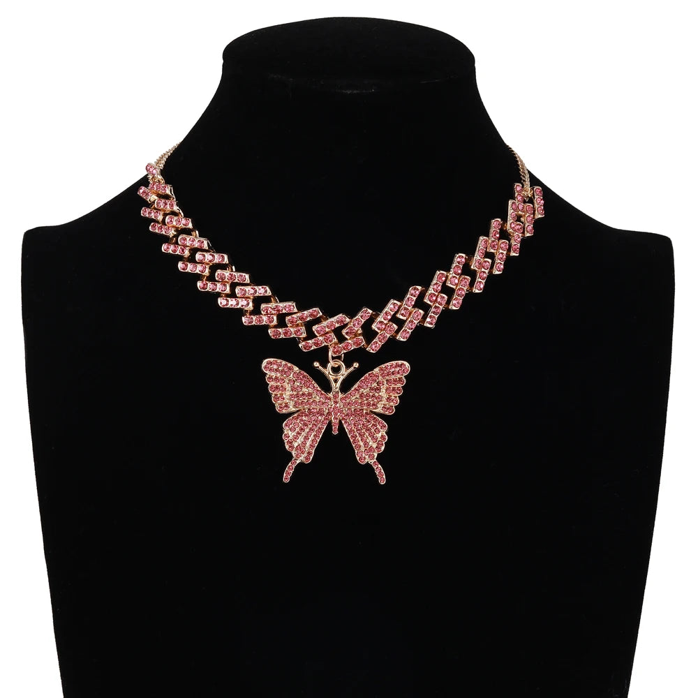 Big Butterfly Necklace for Women Cuban Link Chain Rhinestone Choker Statement Necklace Luxury Y2K Jewelry