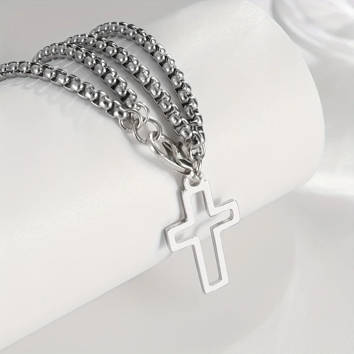 Men'S Fashion Double Chain Cross Hollow Wrist Bracelet Lobster Claw Buckle Stainless Steel Bracelet Hip Hop Punk Party Jewelry