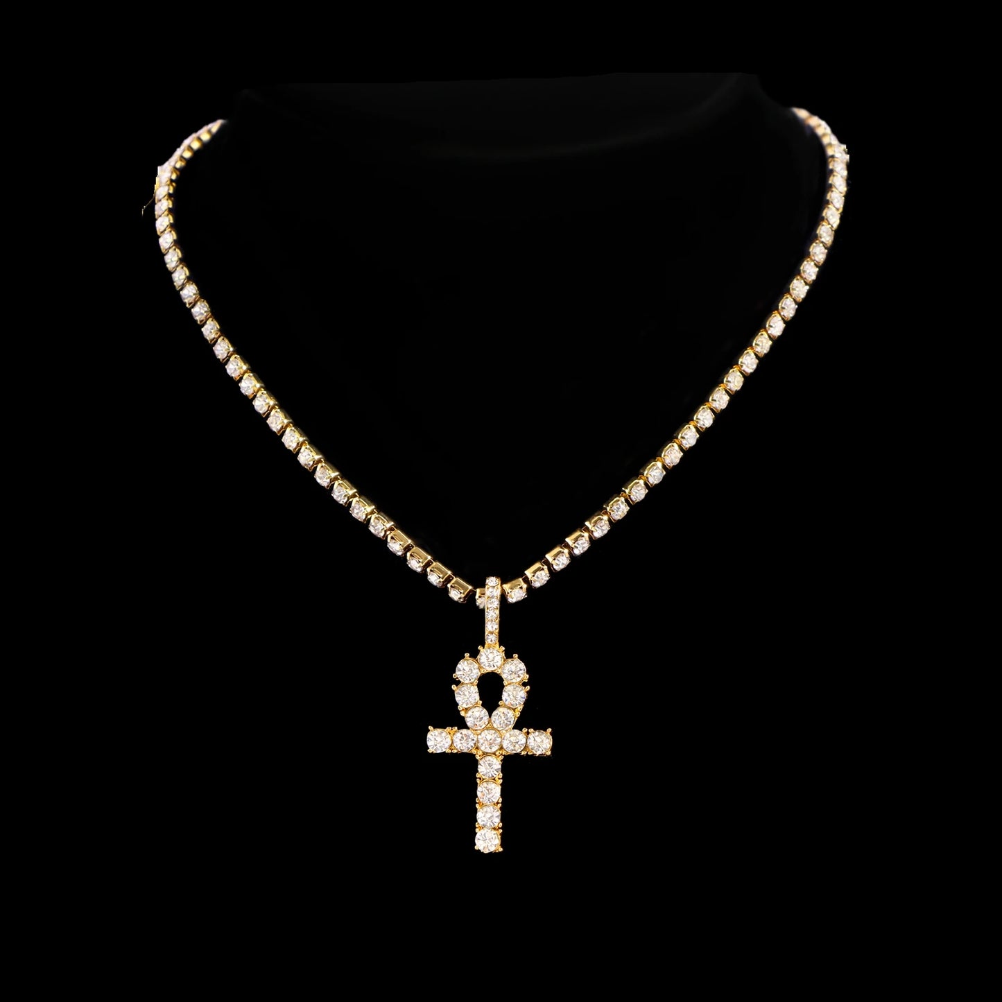 2Pcs Punk Crystal Cross Ankh Tennis Chain Iced Out Prong Cuban Link Chain Necklace for Men Women Rapper Necklaces Hiphop Jewelry