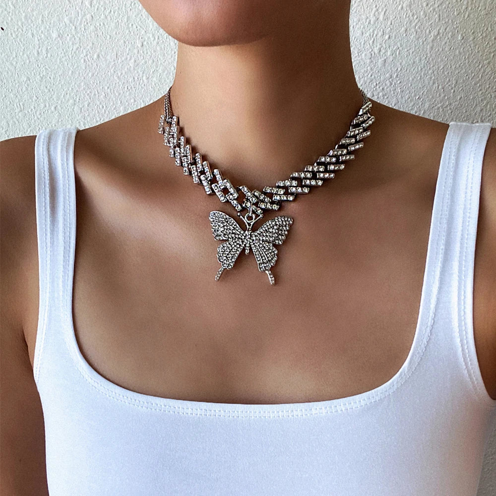 Big Butterfly Necklace for Women Cuban Link Chain Rhinestone Choker Statement Necklace Luxury Y2K Jewelry