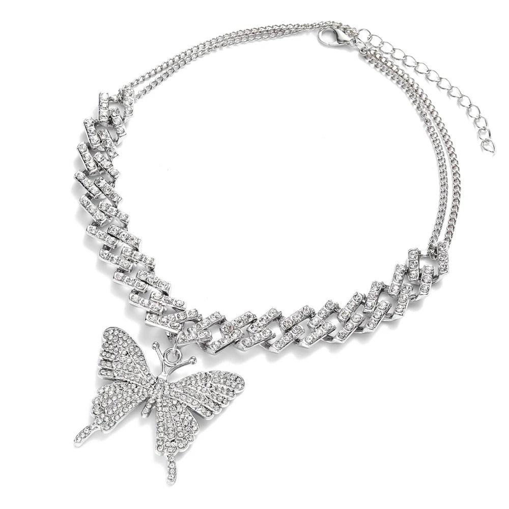 Big Butterfly Necklace for Women Cuban Link Chain Rhinestone Choker Statement Necklace Luxury Y2K Jewelry