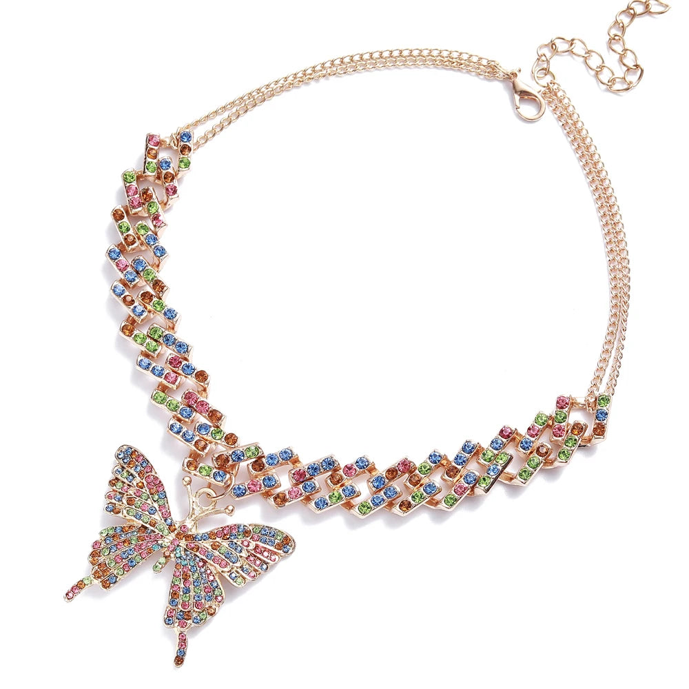 Big Butterfly Necklace for Women Cuban Link Chain Rhinestone Choker Statement Necklace Luxury Y2K Jewelry