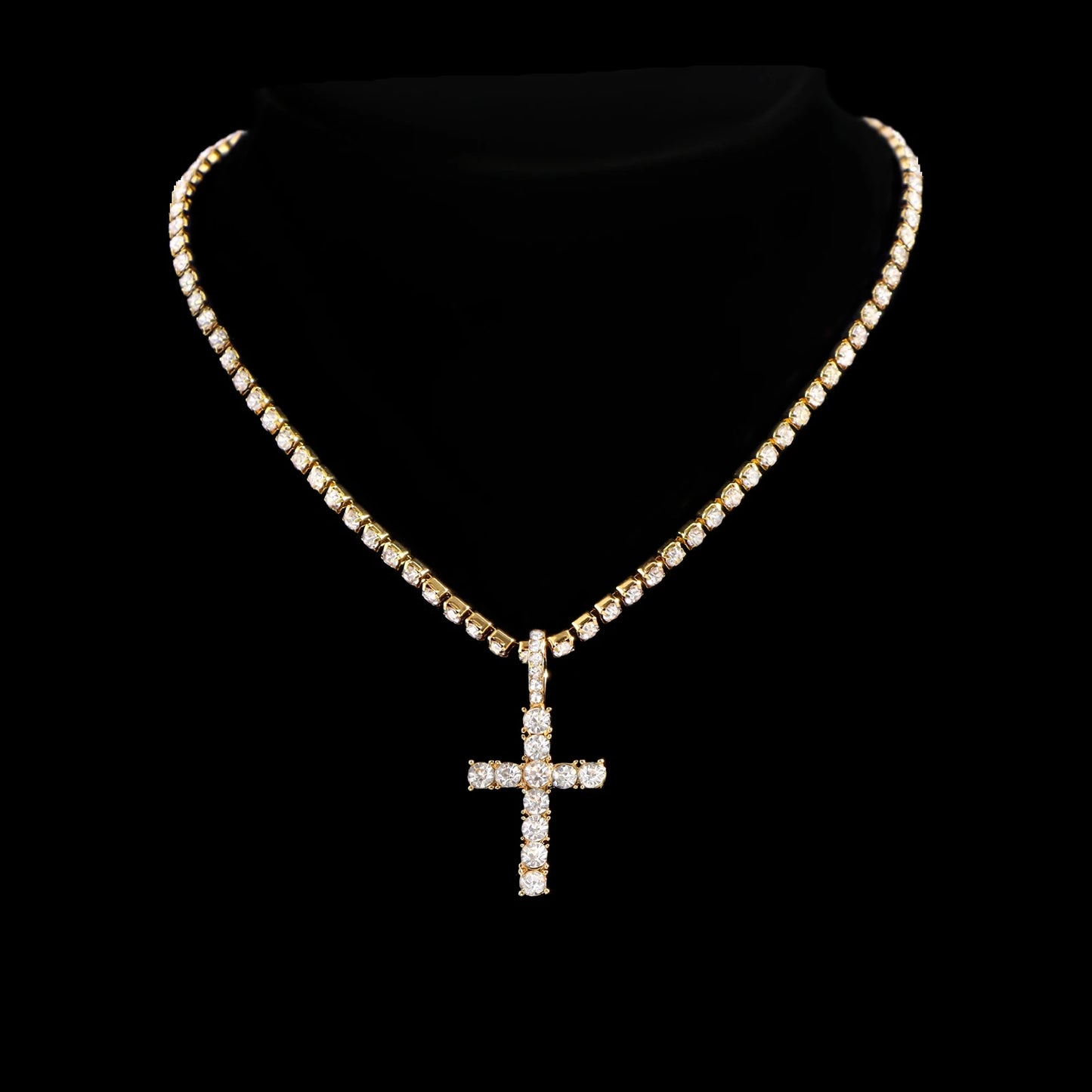2Pcs Punk Crystal Cross Ankh Tennis Chain Iced Out Prong Cuban Link Chain Necklace for Men Women Rapper Necklaces Hiphop Jewelry