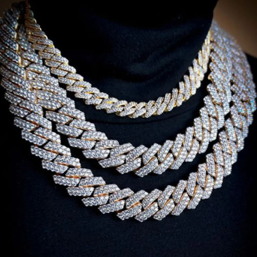 Hip Hop Men Iced Out Chain Prong Rhombus Cuban Link Necklace 14/20MM Width Gold Silver Color Thick Cuban Chain Necklace Jewelry