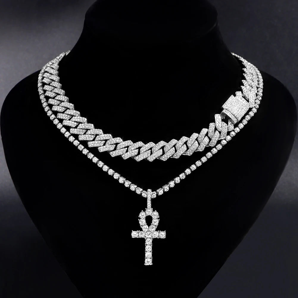 2Pcs Punk Crystal Cross Ankh Tennis Chain Iced Out Prong Cuban Link Chain Necklace for Men Women Rapper Necklaces Hiphop Jewelry