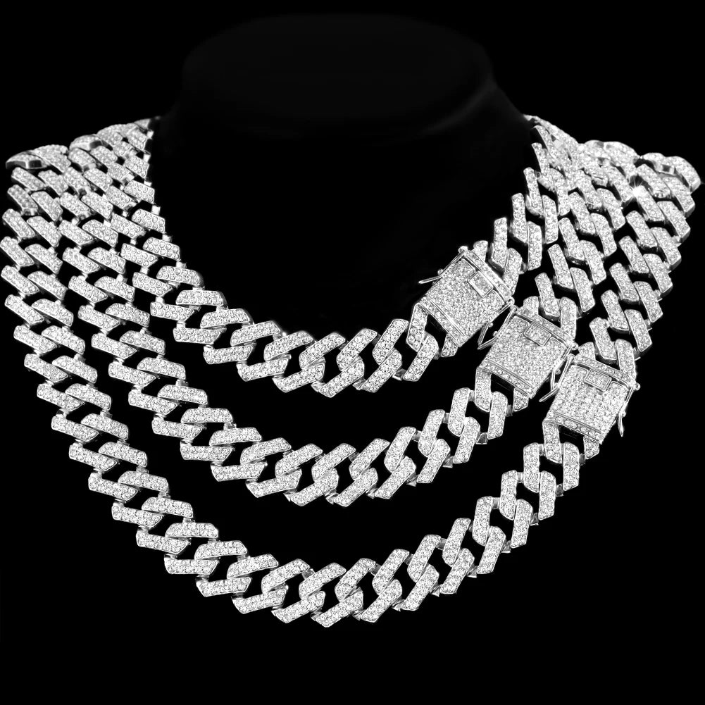 Hip Hop Men Iced Out Chain Prong Rhombus Cuban Link Necklace 14/20MM Width Gold Silver Color Thick Cuban Chain Necklace Jewelry