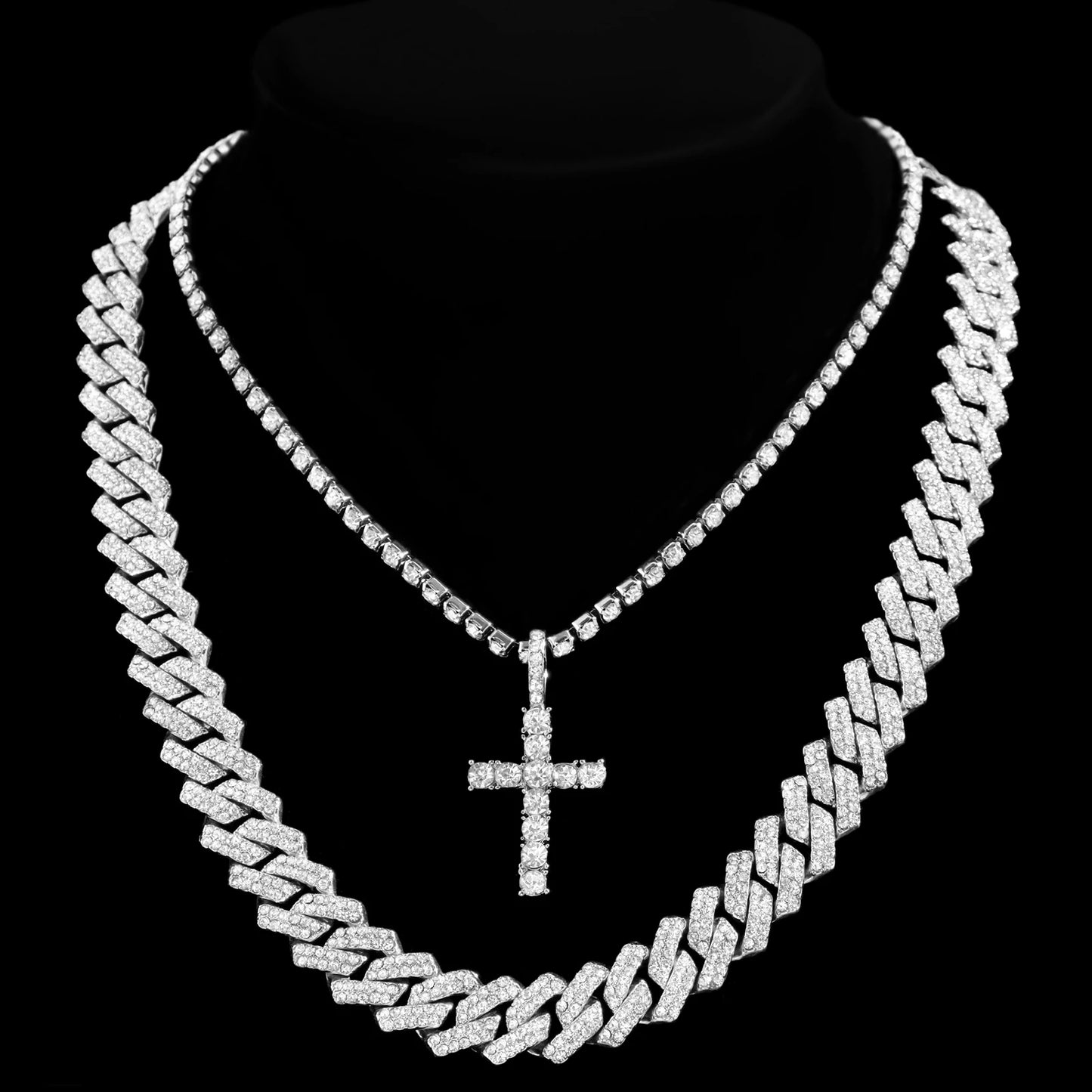 2Pcs Punk Crystal Cross Ankh Tennis Chain Iced Out Prong Cuban Link Chain Necklace for Men Women Rapper Necklaces Hiphop Jewelry