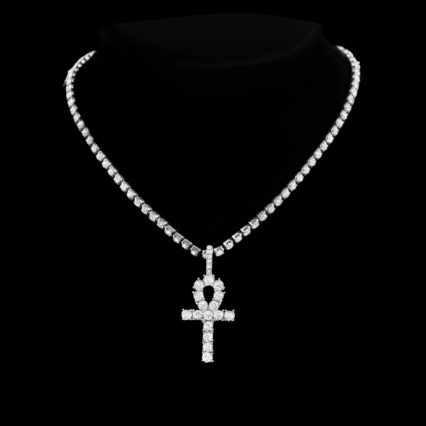 2Pcs Punk Crystal Cross Ankh Tennis Chain Iced Out Prong Cuban Link Chain Necklace for Men Women Rapper Necklaces Hiphop Jewelry
