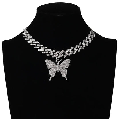 Big Butterfly Necklace for Women Cuban Link Chain Rhinestone Choker Statement Necklace Luxury Y2K Jewelry