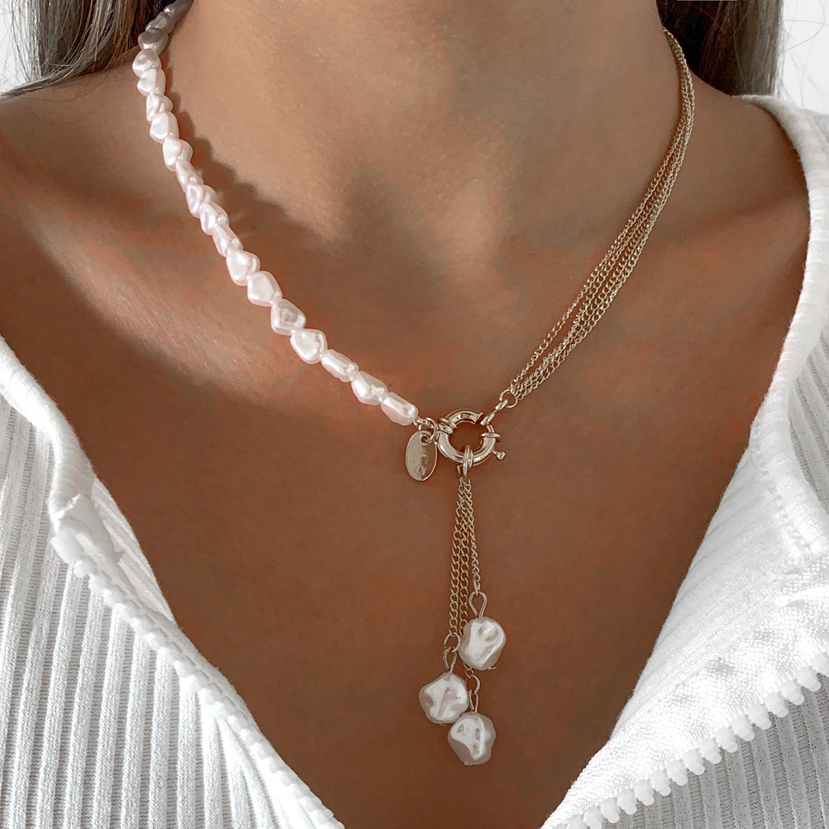 Baroque Simulated Pearls Long Tassel Pendant Necklace for Women Beaded Link Chain Necklace 2022 Trend Lariat Wedding Jewelry