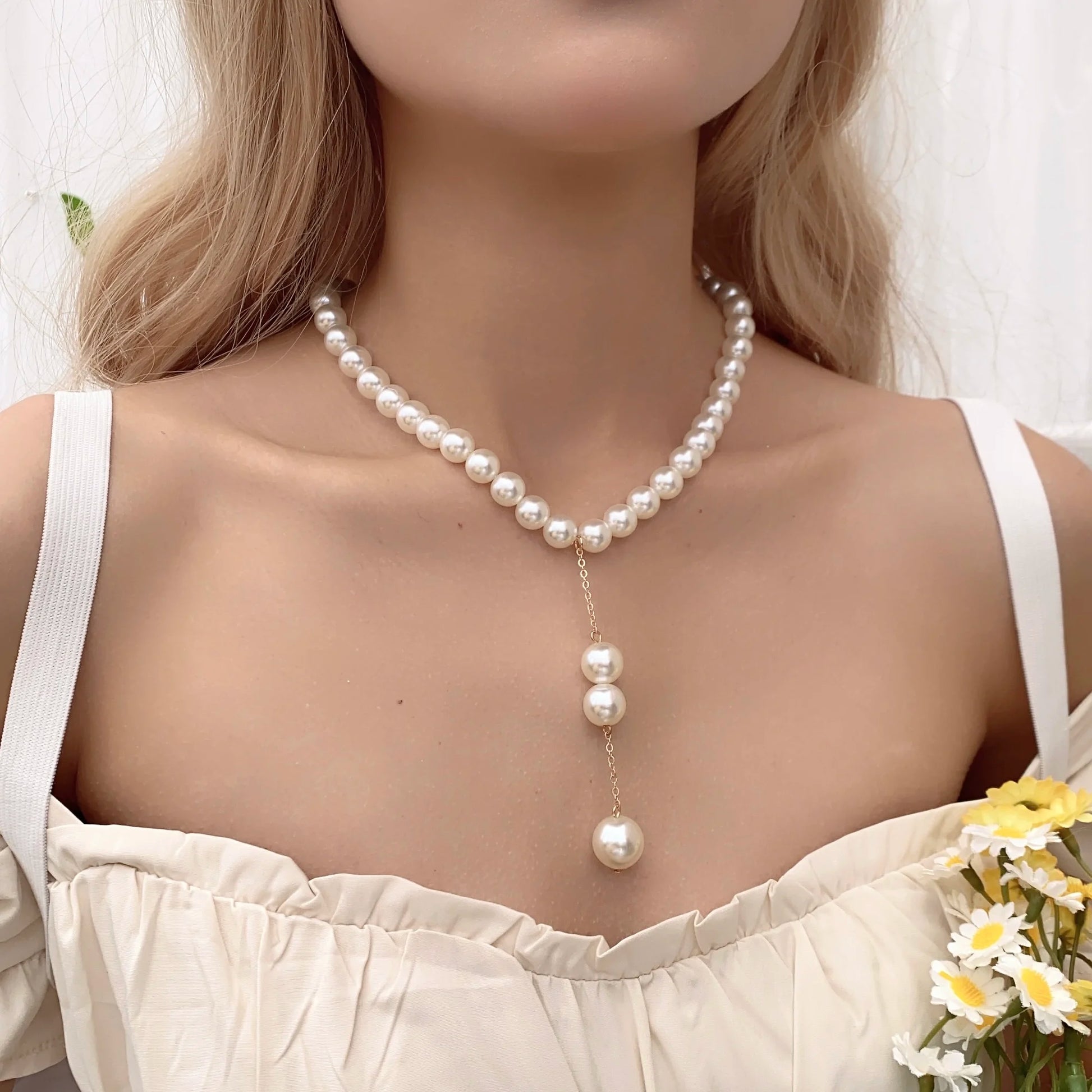 Baroque Simulated Pearls Long Tassel Pendant Necklace for Women Beaded Link Chain Necklace 2022 Trend Lariat Wedding Jewelry