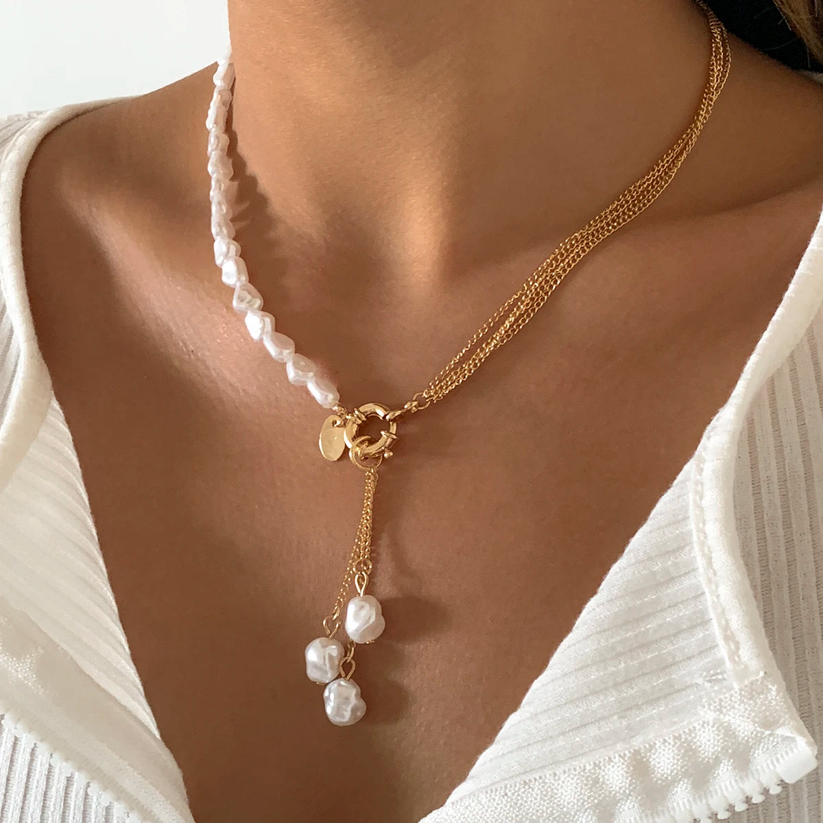 Baroque Simulated Pearls Long Tassel Pendant Necklace for Women Beaded Link Chain Necklace 2022 Trend Lariat Wedding Jewelry