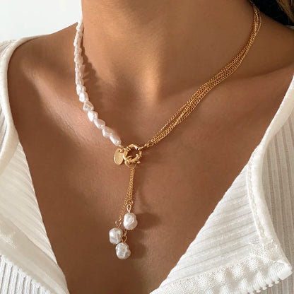 Baroque Simulated Pearls Long Tassel Pendant Necklace for Women Beaded Link Chain Necklace 2022 Trend Lariat Wedding Jewelry