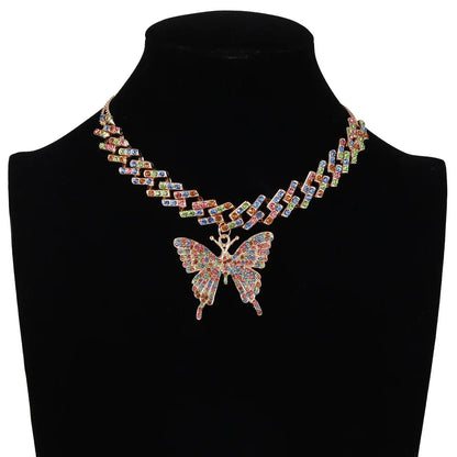 Big Butterfly Necklace for Women Cuban Link Chain Rhinestone Choker Statement Necklace Luxury Y2K Jewelry
