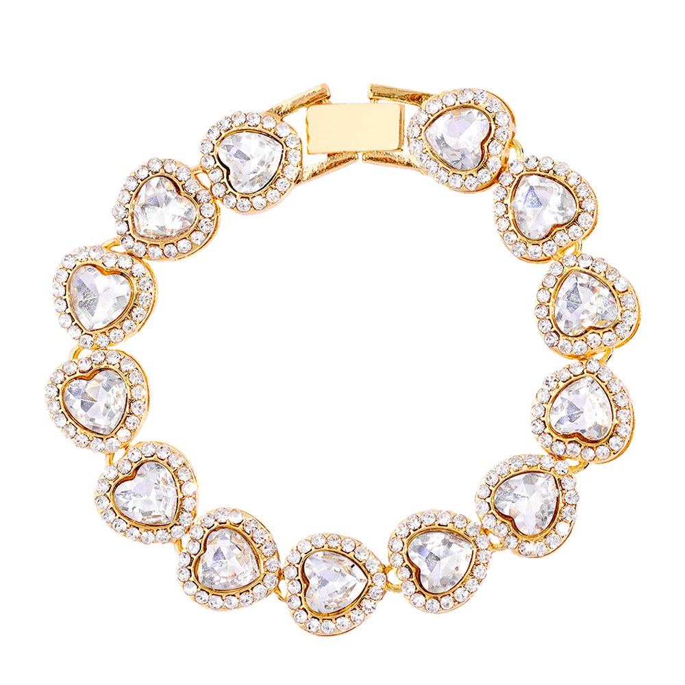 4Pcs Heart Geometry Cuban Link Bracelet for Women Girls Clustered Tennis Layered Hand Chain Set Jewelry Fashion Gift