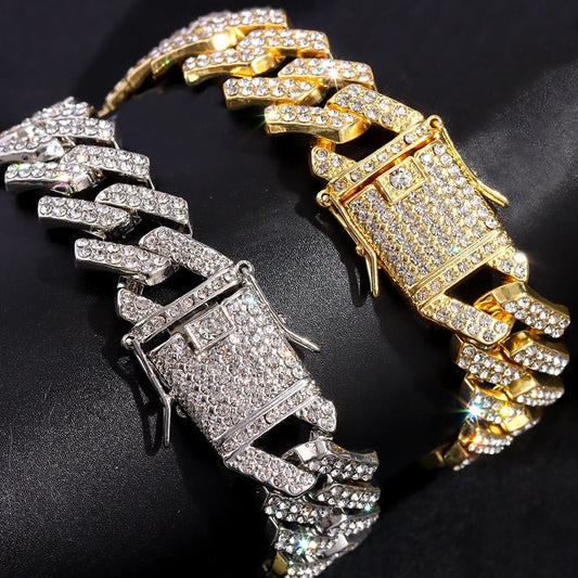 Iced Out 2 Row Rhinestones Cuban Chain Men'S Bracelet Purple 20MM Gun Black Chain Prong Cuban Bracelet Hiphop Jewelry for Gifts