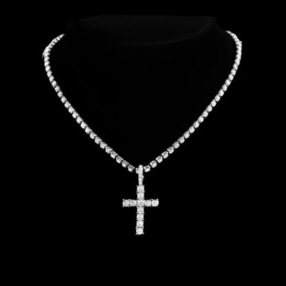 2Pcs Punk Crystal Cross Ankh Tennis Chain Iced Out Prong Cuban Link Chain Necklace for Men Women Rapper Necklaces Hiphop Jewelry
