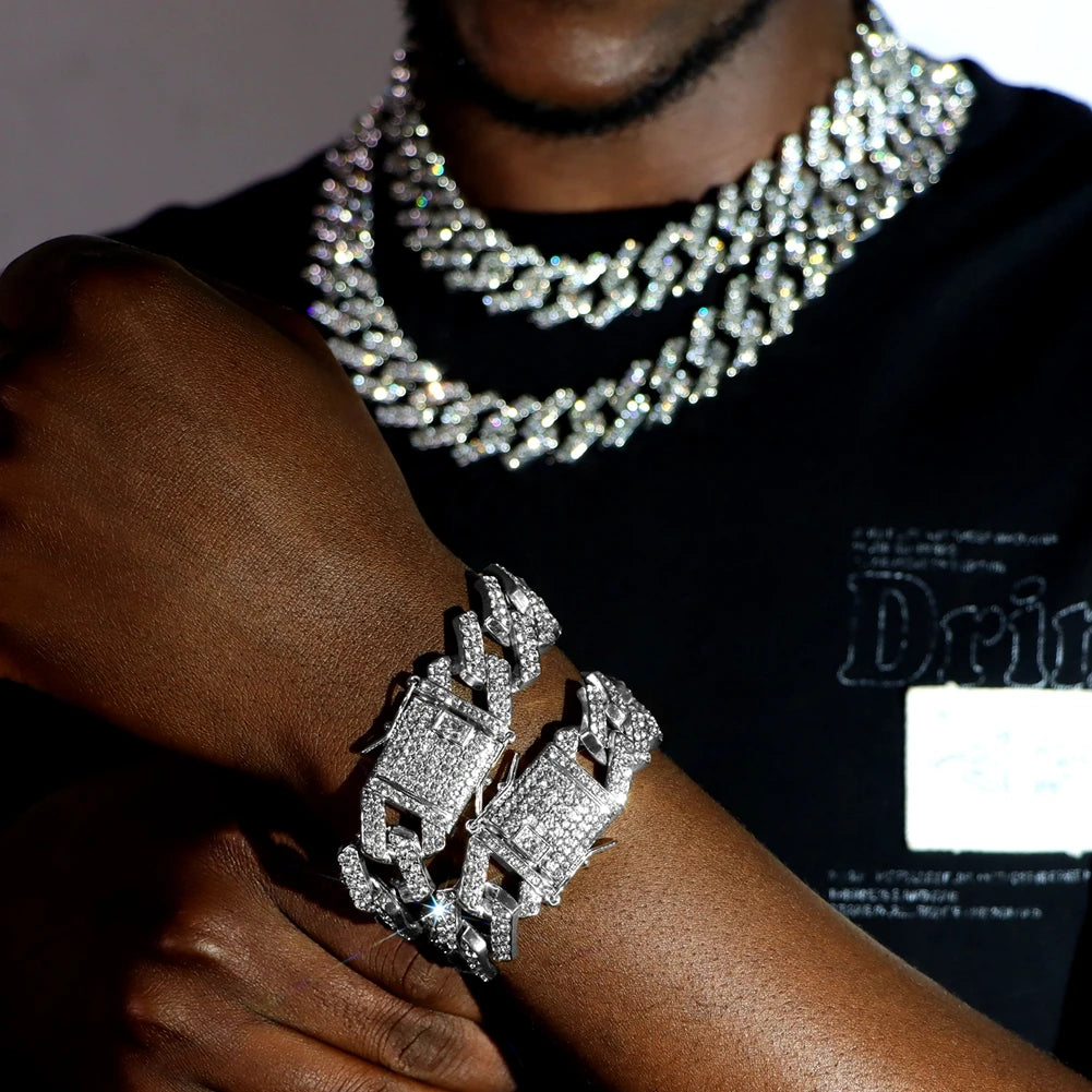 Iced Out 2 Row Rhinestones Cuban Chain Men'S Bracelet Purple 20MM Gun Black Chain Prong Cuban Bracelet Hiphop Jewelry for Gifts