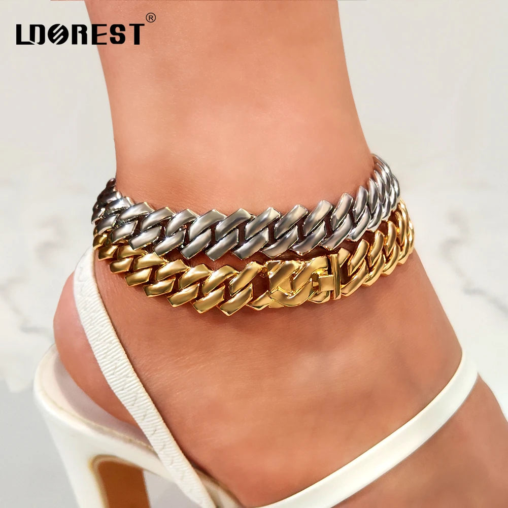 Summer 14MM Chunky Cuban Anklet for Women Gold-Plated Rhombus Cuban Link Chain Anklets Beach Sandals Jewelry New
