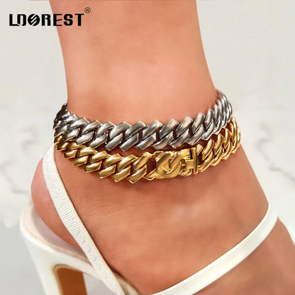 Summer 14MM Chunky Cuban Anklet for Women Gold-Plated Rhombus Cuban Link Chain Anklets Beach Sandals Jewelry New