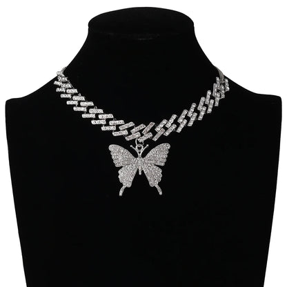 Big Butterfly Necklace for Women Cuban Link Chain Rhinestone Choker Statement Necklace Luxury Y2K Jewelry