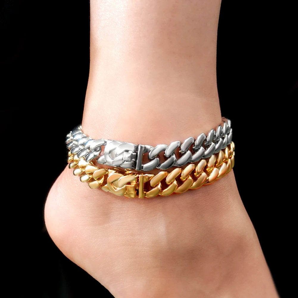 Summer 14MM Chunky Cuban Anklet for Women Gold-Plated Rhombus Cuban Link Chain Anklets Beach Sandals Jewelry New
