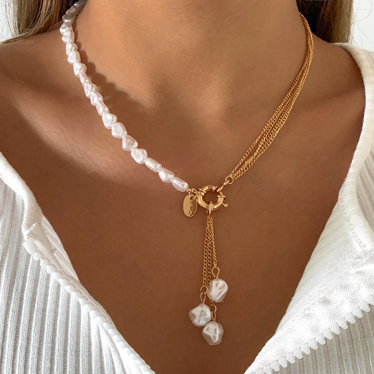 Baroque Simulated Pearls Long Tassel Pendant Necklace for Women Beaded Link Chain Necklace 2022 Trend Lariat Wedding Jewelry