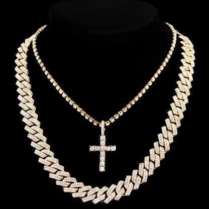 2Pcs Punk Crystal Cross Ankh Tennis Chain Iced Out Prong Cuban Link Chain Necklace for Men Women Rapper Necklaces Hiphop Jewelry