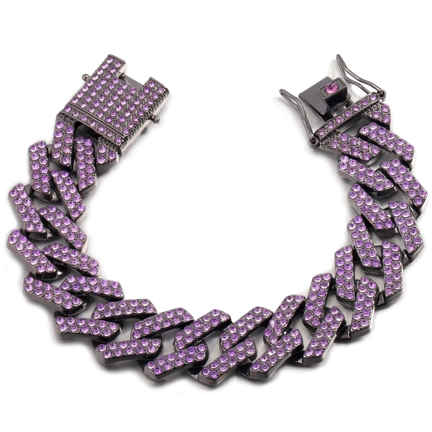 Iced Out 2 Row Rhinestones Cuban Chain Men'S Bracelet Purple 20MM Gun Black Chain Prong Cuban Bracelet Hiphop Jewelry for Gifts