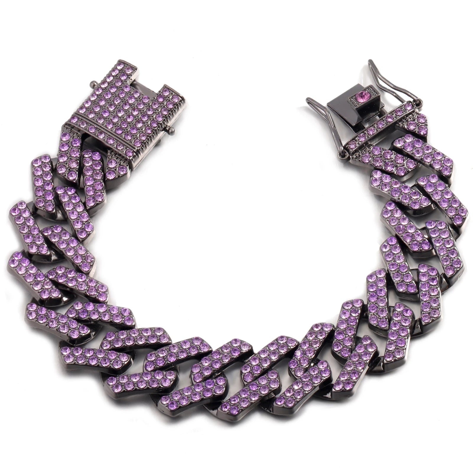 Iced Out 2 Row Rhinestones Cuban Chain Men'S Bracelet Purple 20MM Gun Black Chain Prong Cuban Bracelet Hiphop Jewelry for Gifts