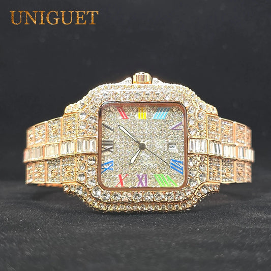 Luxury Diamond Men'S Watches with Rainbow Dial Calendar Quartz Watch for Man Fashion Hip Hop Iced Out Wristwatches Gift