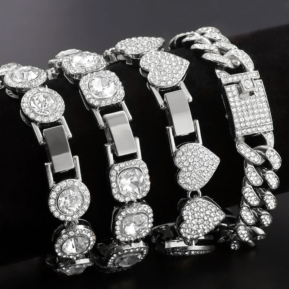 4Pcs Heart Geometry Cuban Link Bracelet for Women Girls Clustered Tennis Layered Hand Chain Set Jewelry Fashion Gift