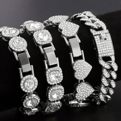 4Pcs Heart Geometry Cuban Link Bracelet for Women Girls Clustered Tennis Layered Hand Chain Set Jewelry Fashion Gift