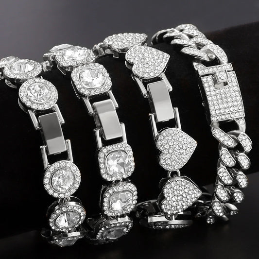 4Pcs Heart Geometry Cuban Link Bracelet for Women Girls Clustered Tennis Layered Hand Chain Set Jewelry Fashion Gift